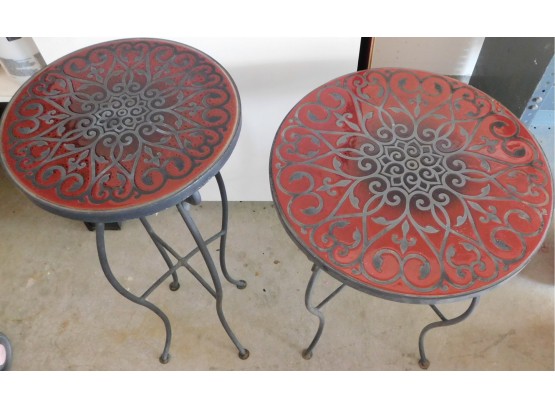 Set Of 2 Matching Pier One Imports Outdoor Iron Tables With Enamel Finish