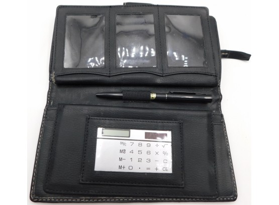 Black Leather Wallet And Organizer With Pen And Calculator