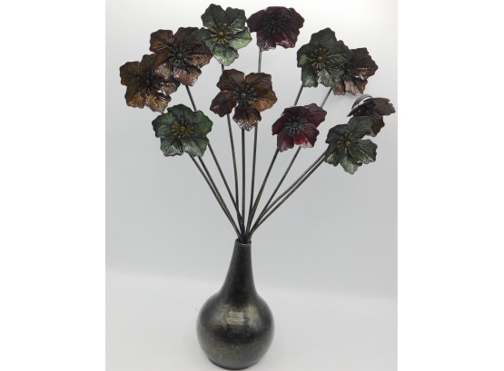 Decorative Metal Flowers With Wooden Vase