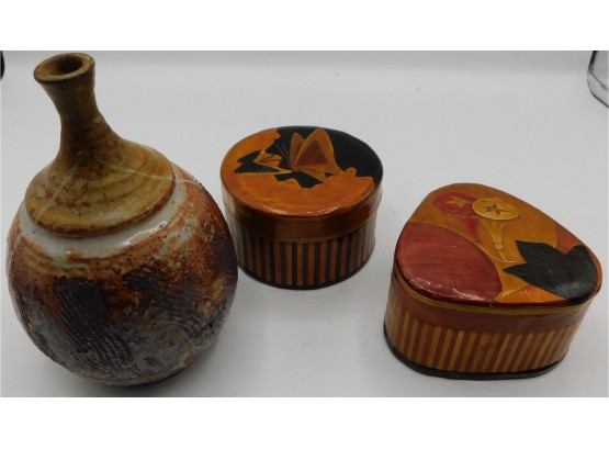 Miniature Ceramic Vase And 2 Wooden Potpourri Holders