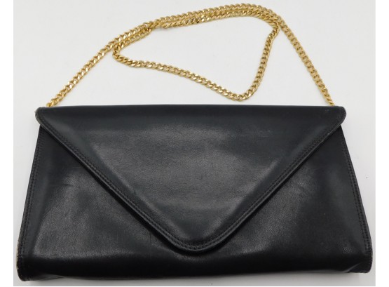 Black Vinyl Snap Close Handbag With Gold Metal Strap