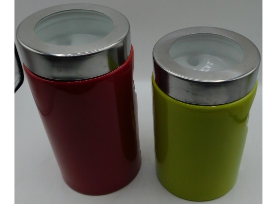 Pier 1 Imports - Red And Green Ceramic Containers With Clear Lids