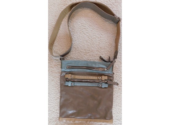 Brown Vinyl Crossbody Handbag With 2 Zip Pockets