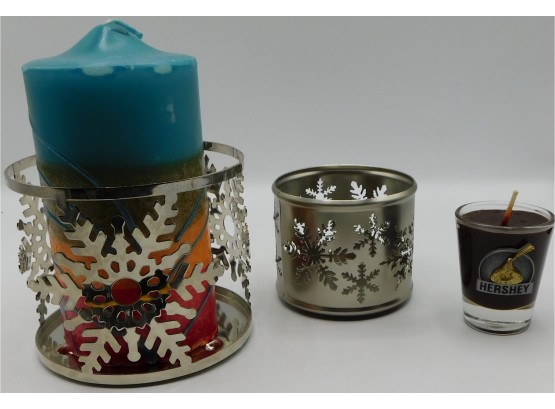 Lot Of 2 Assorted Candles And 2 Metal Candleholders