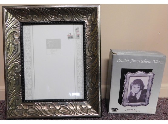 Pewter Front Photo Album And Sheffield Silver/black Photo Frame