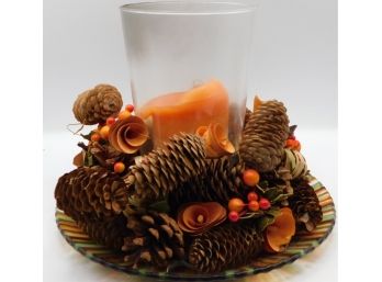 Festive Fall Centerpiece With Candle And Scented Pinecones