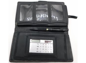 Black Leather Wallet And Organizer With Pen And Calculator