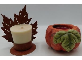 Pair Of 2 Festive Autumn Candleholders With Candles
