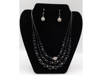 Polished Black And Silver Beaded Fashion Necklace With Matching Earrings