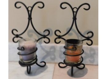 Pair Of Decorative Wall Mounted Metal Candle Holders With Candles