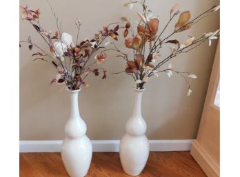 Pair Of Handcrafted White Ceramic Vase With Faux Flowers