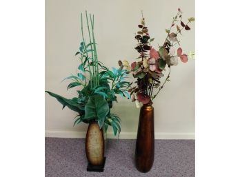 Decorative Faux Flower Arrangements 1 With Metal Vase And 1 With Wooden Vase