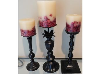 Set Of 3 Decorative Metal Candle Holders With Candles