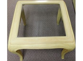 Square Glass Top Coffee Table With Ridged Design On Wooden Frame