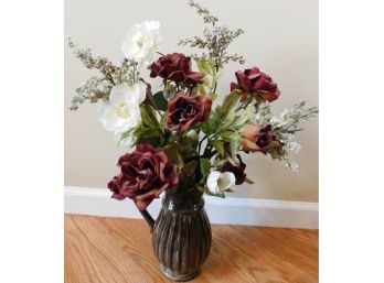 Faux Flower Arrangement In Brown Ceramic Vase With Handle