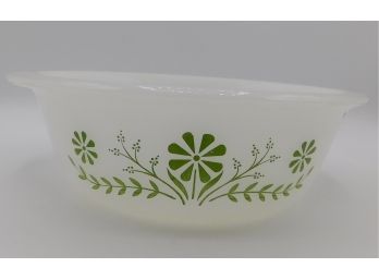 Vintage Glasbake Milk Glass Serving Baking Bowl Green Daisy Green Flowers 9'