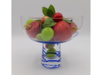 Blue & White Swirled Pedestal Fruit Bowl With Faux Fruit Decor