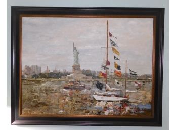 Striking Domito Signed Oil On Canvas Painting Of Statue Liberty & New York Harbor Landscape
