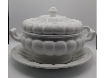 Olaria De Alcobaca Portugal White Huge Soup Tureen With Lid & Saucer