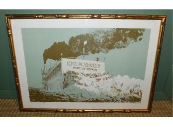 Signed Lithograph Wendell Mohr 'The Verity Sails Again' Gold Toned Bamboo Style Framed Steamboat