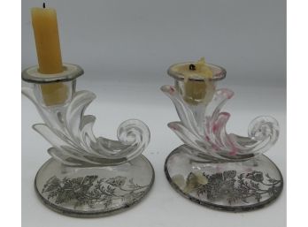 Pair Of Vintage Fostoria Glass Candlestick Holders With Silver Overlay