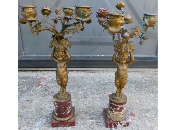 Vintage Decorative Brass Cherub Candelabras With Marble Bases Pair Of 2