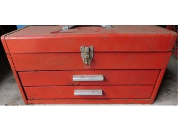 Red Metal Toolbox With 2 Bottom Drawers And Tools