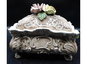 Vintage Lovely Bassano Italy Ceramic Trinket Box With Floral Design