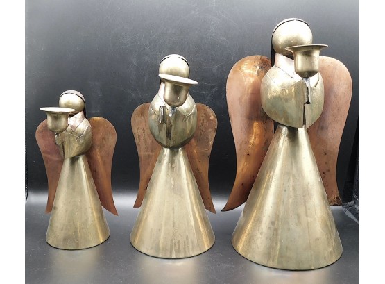 Brass Angel Candle Stick Holders, Set Of 3