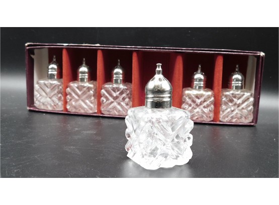 Vintage Goldinger Silver Mini Crystal Salt & Pepper Shakers In Box, Set Of 6