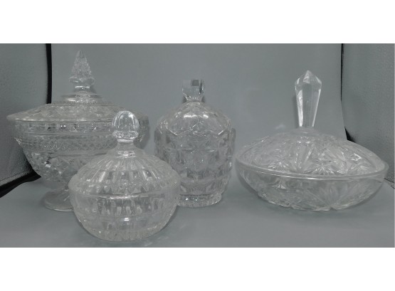 Assorted Cut Glass Candy Dishes With Lids, Lot Of 4