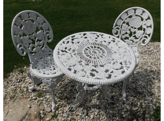 Wrought Iron White Bistro Set, Table And Two Chairs