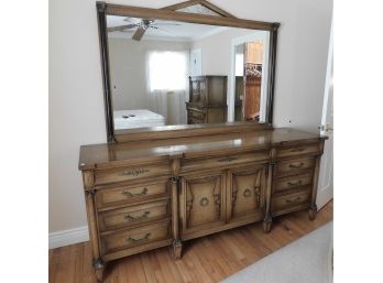 Unique Antique Dresser With Mirror And Brass Adornments
