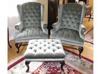 Vintage Button Tufted Arm Chairs (2) With Matching Ottoman