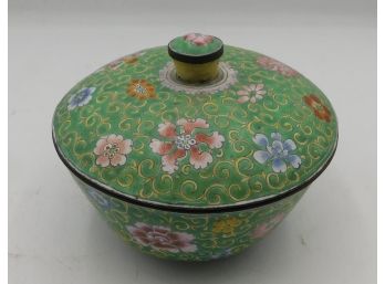Vintage Chinese Hand Painted Floral Pattern Metal Bowl With Lid