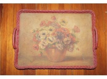 Decorative Wicker Hand Painted Serving Tray With Glass Top And Handles By C.V Bibra
