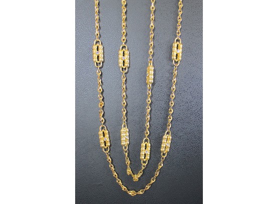 Gold Tone Faux Necklace With Rhinestones 16'