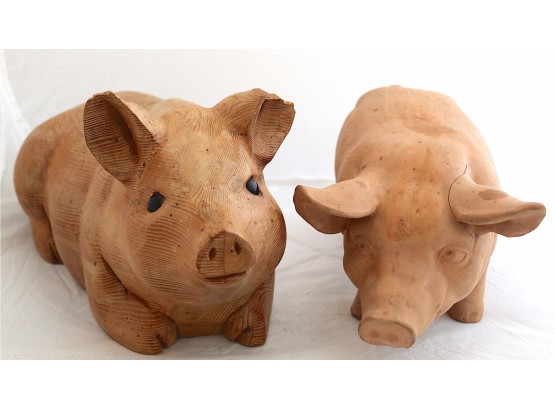 2 Large Decorative Wood Pigs