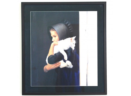 Folk Art Amish Girl With Cat Signed Limited Edition By Nancy Noel