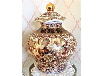 Vintage Chinese Lidded Pottery Urn With Gold Gilding