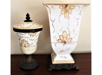 Vintage Hand Painted Floral Design Ginger Jar And Vase