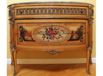 Exceptional French Style Vintage Hand Painted Floral Demilune Commode With Decorative Marble Top