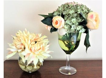 Pair Of Faux Flower Arrangements (Hydrangea & Dahila) In Acrylic Water Glass Vases