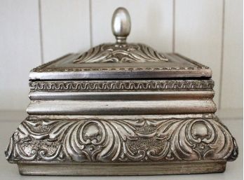 Vintage Ornate Trinket Box With Black Velvet Lined Interior