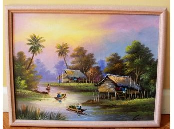 Chinese Village Oil Painting Signed Chao