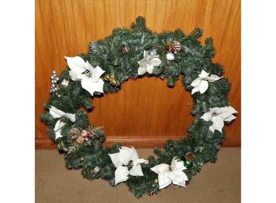 Festive Christmas Wreath With White Poinsettias & Pinecones