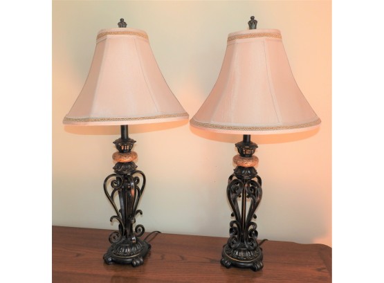Detailed Scroll Design Set Of 2 Metal Lamps With Shades