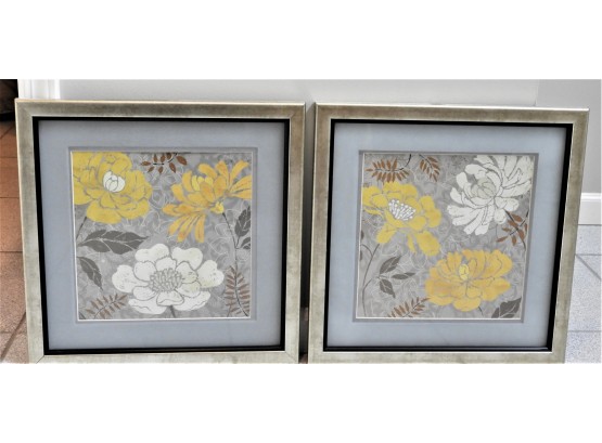 Set Of 2 Framed Yellow/gray Floral Wall Decor
