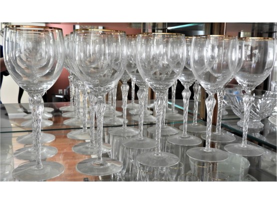 Set Of 15 Gold Trim Wine Glasses