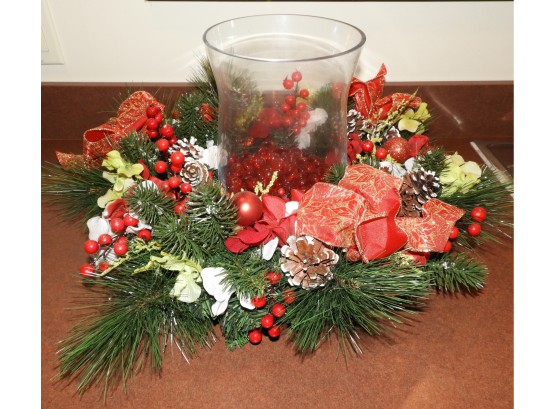 Holiday Wreath Glass Hurricane Candle Holder Centerpiece